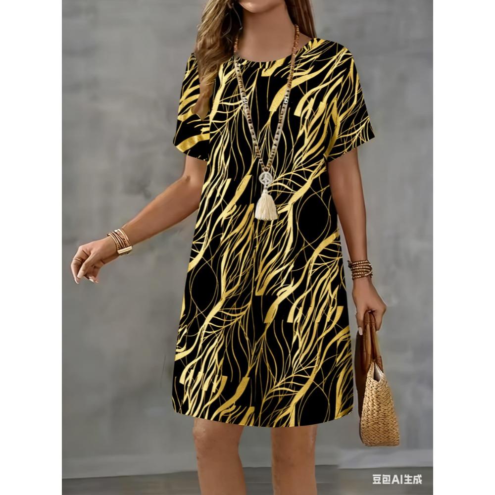 Fashionable and elegant striped printed dress for ladies, trendy casual mini skirt for summer, short-sleeved round-neck casual A-line skirt
