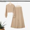 ZANZEA Women Long Sleeve Cropped Tops and Wide Leg Pants Casual Two Piece Suit Set