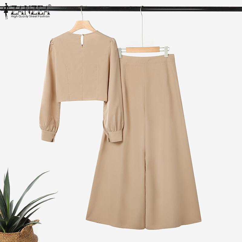 ZANZEA Women Long Sleeve Cropped Tops and Wide Leg Pants Casual Two Piece Suit Set