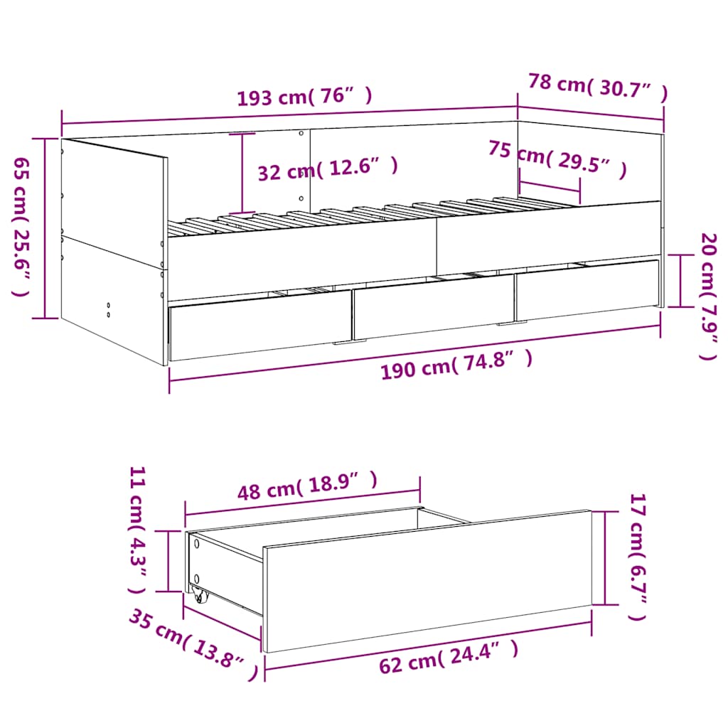 Daybed with Drawers without Mattress Grey Sonoma 75 x 190 cm