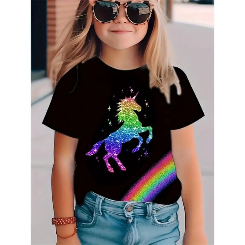2025 Casual T-Shirts Girls' Clothing New Funny Animal Horse 3d Print Girls' T-Shirts Party Fashion Short Sleeved Tops Tee