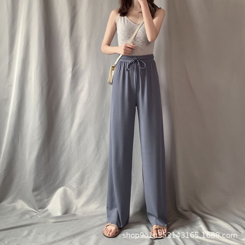 GMXIA Women's Ice Silk Pants Women's Summer Slim Draping High Waist Loose Straight Pants Floor Length Casual Wide Leg Pants