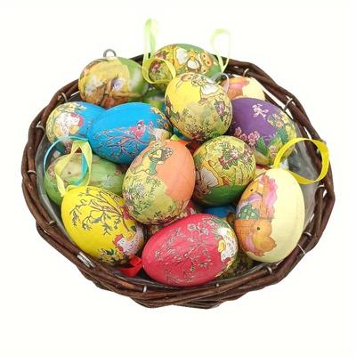 12pcs/set Rabbit and Chicken Easter Eggs Easter Pendants Colorful Painted Paper Egg Hanging Decorations (random Styles)