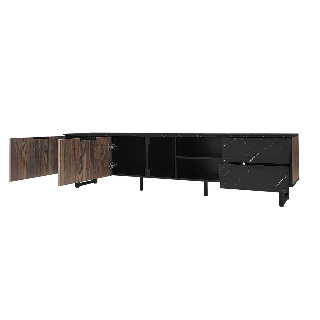 200cm TV Cabinet with Black Marble Look, Dark Wood Grain Doors, Adjustable LED Lighting, Two Doors and Two Drawers, Suitable for Robot Vacuum Cleaners
