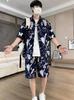 Men's Summer Dark Ink Wash Abstract Print Short Sleeve Shirt and Ice Silk Casual Shorts Set 2026
