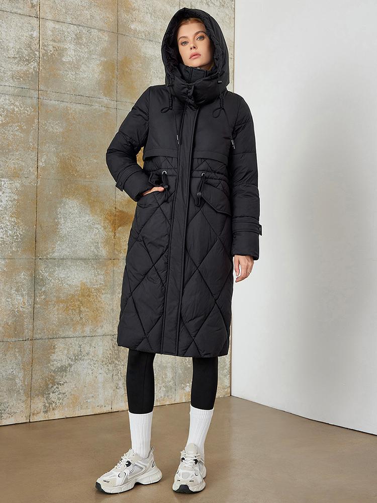 PINK CHIC 2025 New Winter Coat Women Down Jackets High Quality Rhombic Warm Lace up Hooded Long version Female Parka W6553