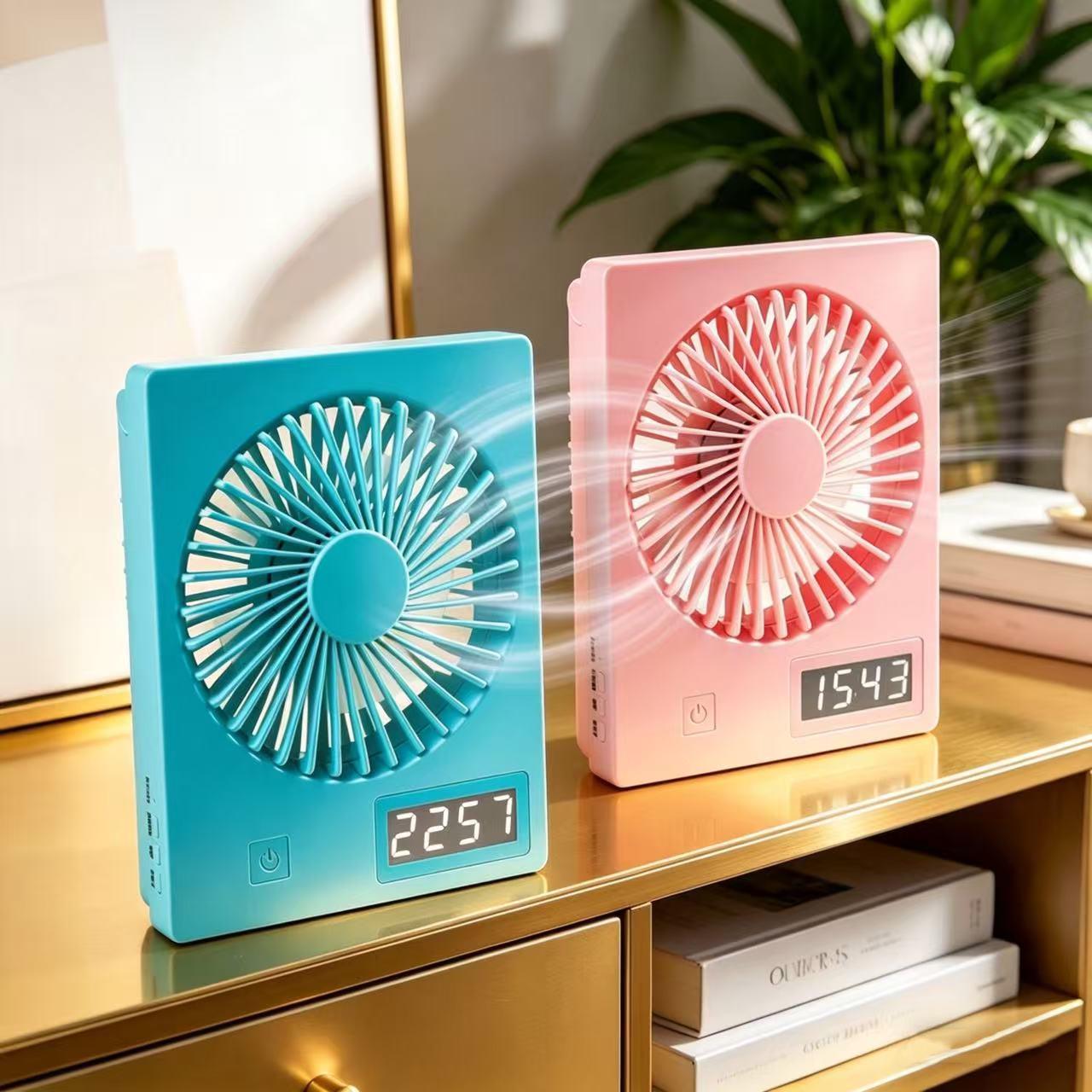 

Portable USB Rechargeable Handheld Fan with Temperature Clock - Silent Desktop/Bedsider for Office & Students 143*38*183mm
