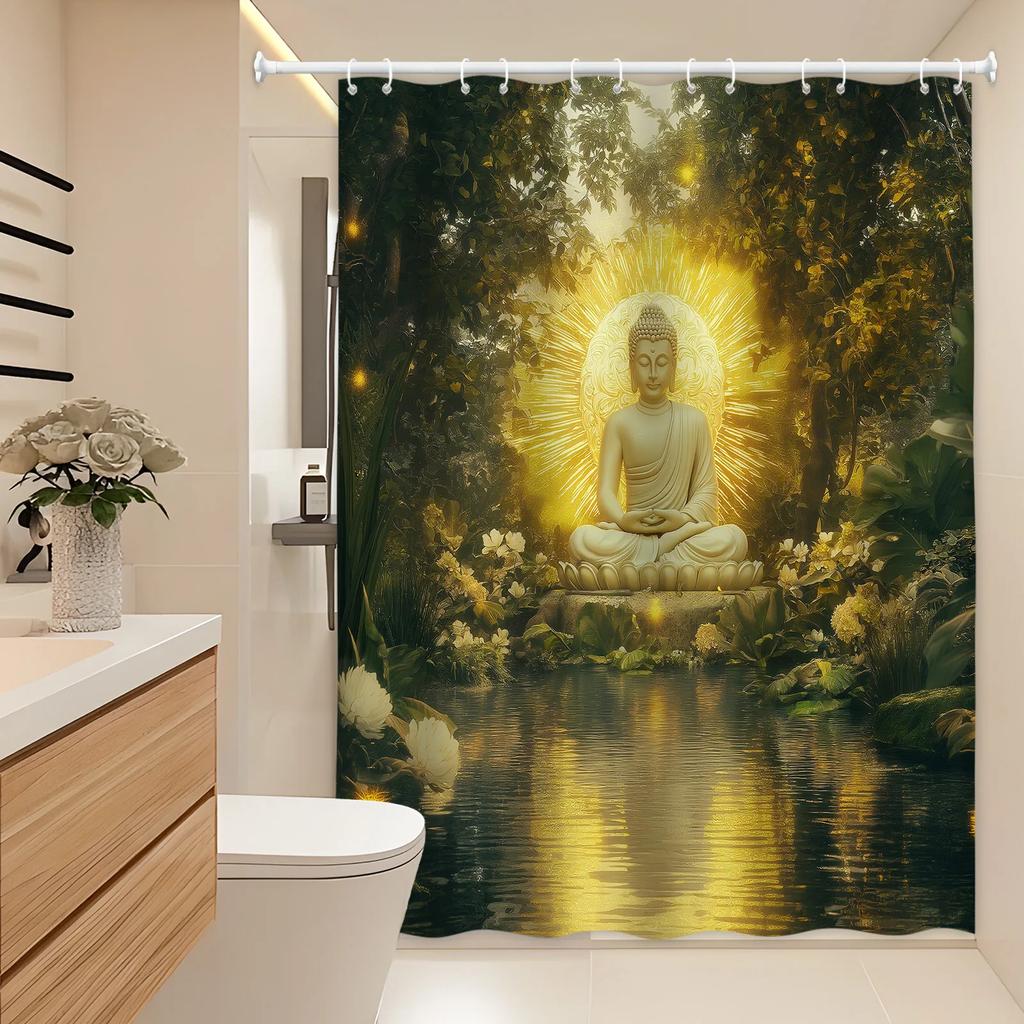 Buddha Garden Bath Curtain - Serene Digital Art of Buddha Statue, Lush Greenery & Flowers,Golden Halo, Calm Pond,Polyester Woven