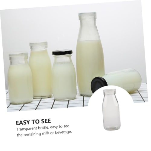 BESTonZON 6-Piece Heat-Resistant Milk Bottles, 250ml, Glass Milk Jug, Glass Pudding Jar, Pitcher, Vintage Milk Bottles with Caps, Drinking Bottles, Te