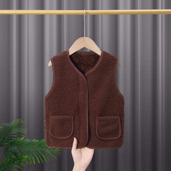 Barn Fleece Vest Ermløs Jakke Ensfarget V-hals Glidelåsvest med Lommer Varm Vinter Plysjvest for Gutter Jenter