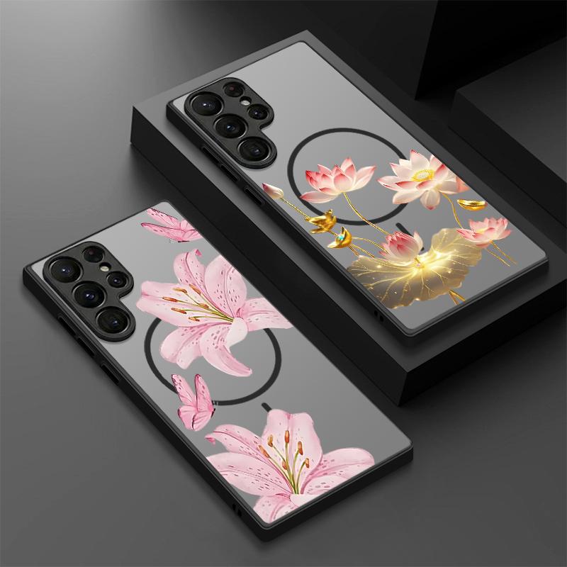 Magnetic For Magsafe Case For Samsung Galaxy S26 Ultra S25 Edge S24 S23 S22 Plus S21 FE Floral Pattern Hybrid Matte Cover