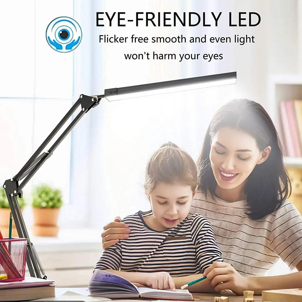 New LED Desk Lamp Clip Light Clamp Long Arm Dimmable Table Lamp 3 Colors Adjustable Reading Computers
