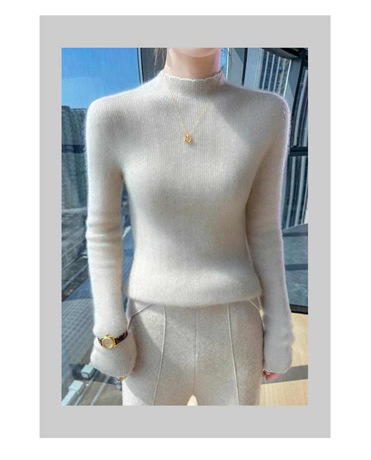 Women's Slimming Pure Wool Lace Half-High Collar Sweater - Ready-to-Wear Knit Pullover Base Layer