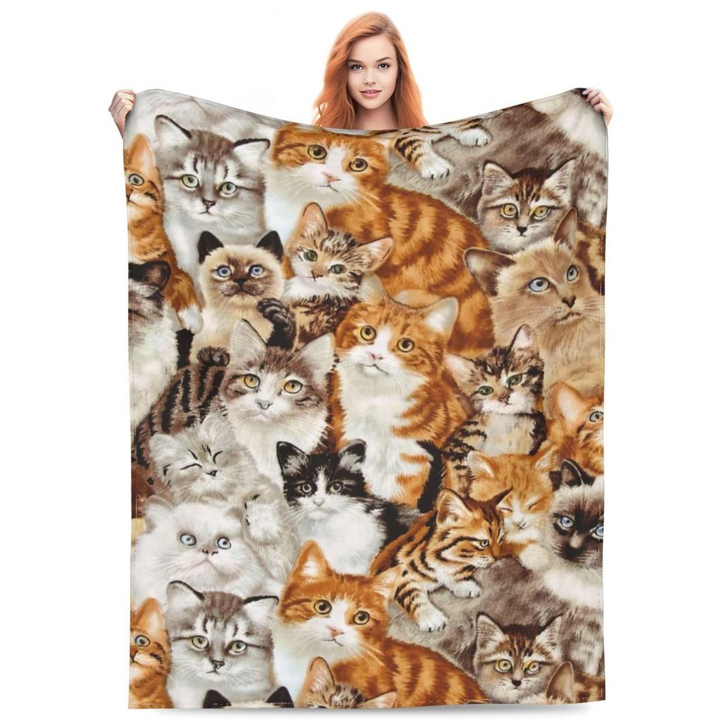Cute Cat Flannel Blanket Multiple Sizes 2D Print Pink Face Kitty Design Soft Throw Sofa Bedroom Office Snuggle