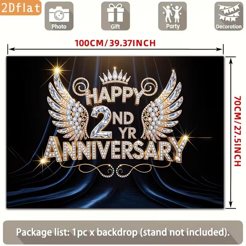 2D 2nd Anniversary Photography Backdrop Black Background with Diamond Wings and Crown