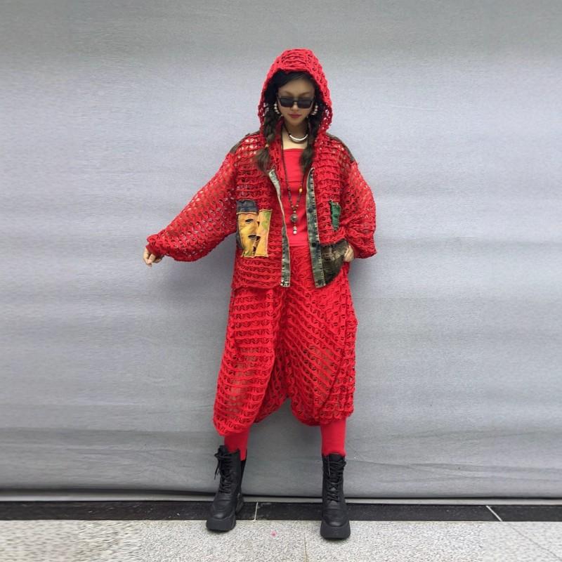 Womens Street Style Denim Patchwork Sunscreen Hooded Cardigan Cropped Pants Set