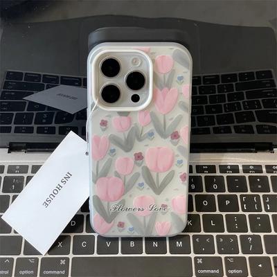 Ins Pink Tulip for Apple 16/17promax Mobile Phone Case iPhone15 Skin Feel 14 Matte 13 Sets