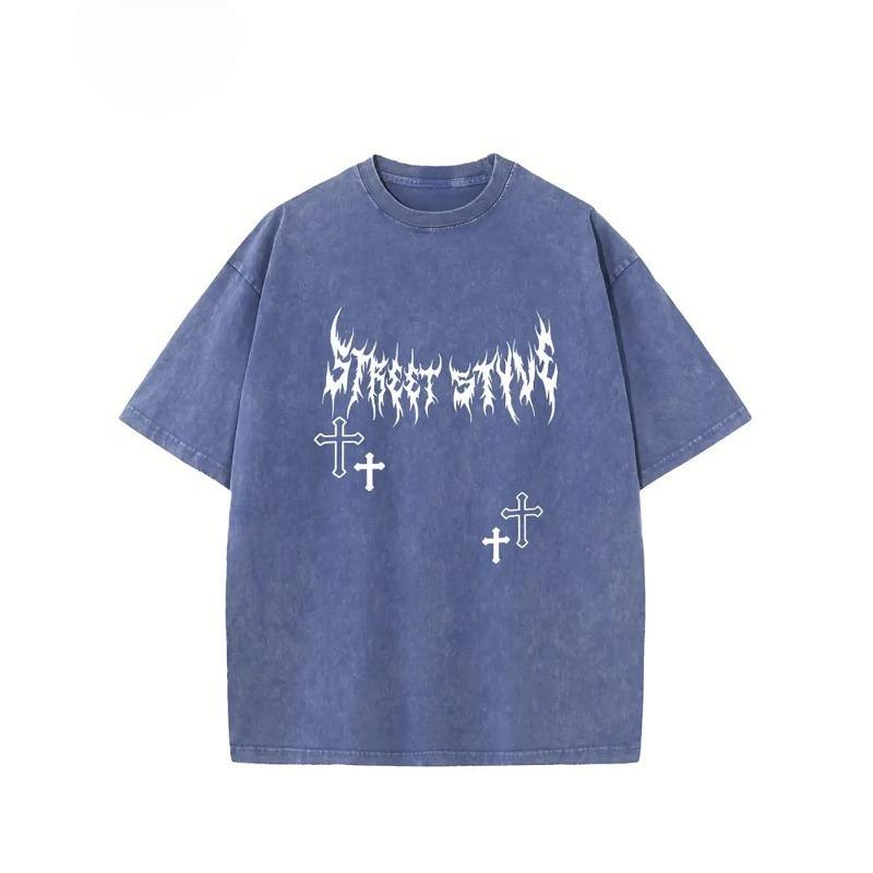 European sizes Men's Washed T-Shirt with Street Stains Graphic & Cross Print - Relaxed Fit All-Season Casual Tee for Streetwear, Outdoor Activities
