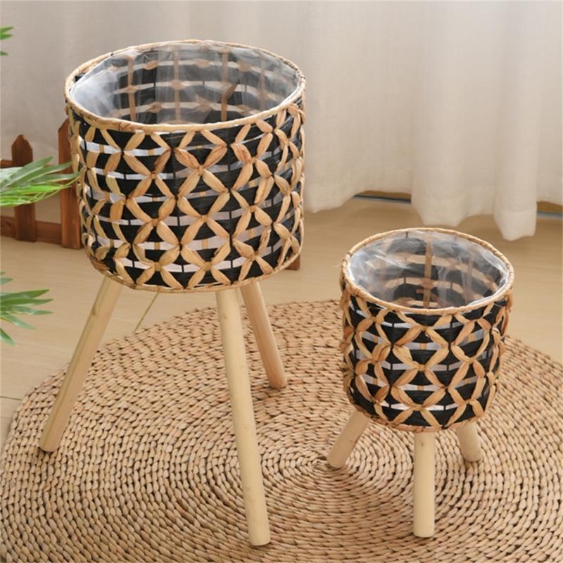Wood Legged Gourd Grass Plant Stand for Indoor Outdoor Display Hand Woven Planter Basket Flower Pots Storage Container