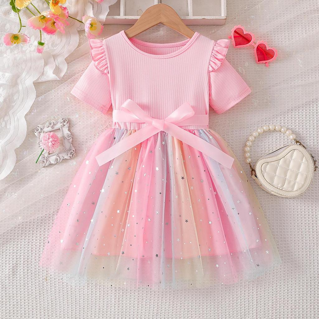 2025 Summer Girls' Gradient Mesh Bow Dress - Short Sleeve Princess Style
