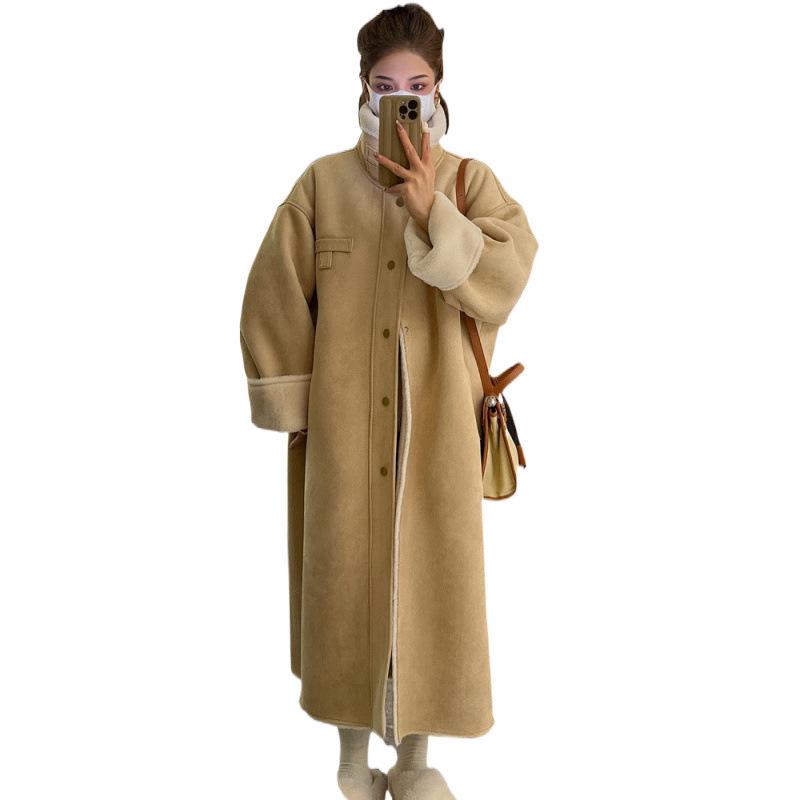 Dámský Trendy Zimní Semišový Hrubý Dlouhý Motorkářský Kožený a Kožešinový Jednodílný Kabát