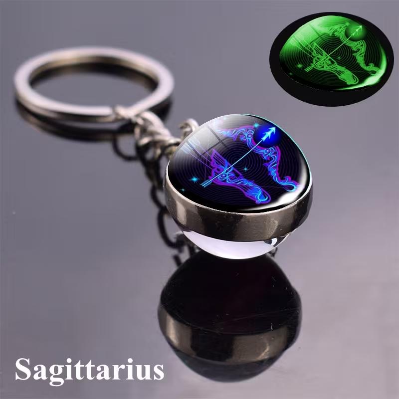Luminous 12 Constellations Keychain Double-Sided Glass Ball Zodiac Pendant Key Ring