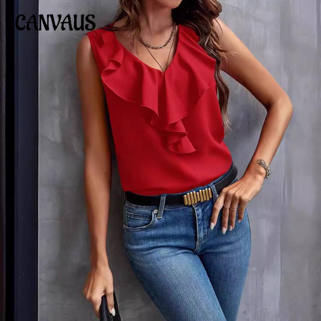Summer Women's Shirt Fashion Solid Colour Lace V-Neck Sleeveless Top