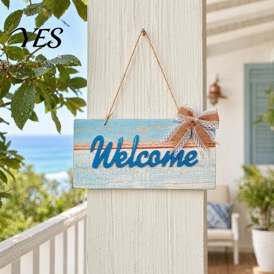 Ocean Themed Decor Welcome Decorative Sign, Wooden Mediterranean Retro Style Long-lasting Door Decoration Wall Mounted Sign for Indoor Outdoor