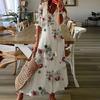 V-neck Half Sleeve Lace-up Tassel Large Hem Female Dress Summer Floral Print Beach Chiffon Dress Streetwear