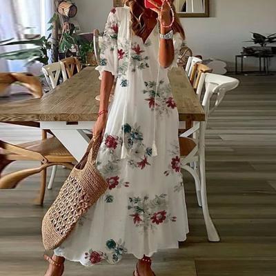 V-neck Half Sleeve Lace-up Tassel Large Hem Female Dress Summer Floral Print