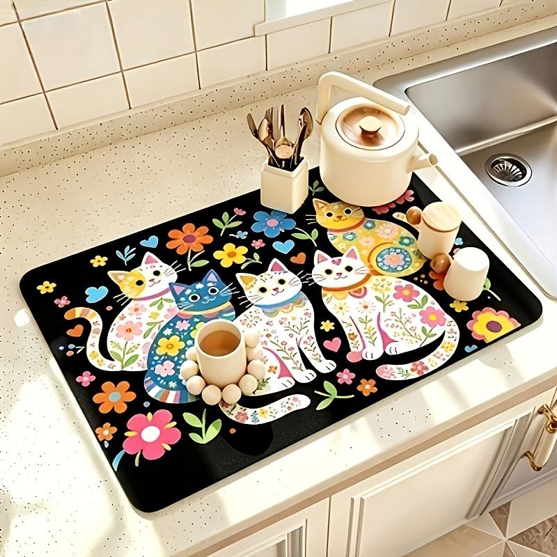 1Pcs Rubber Drying Mat With Cute Cat For Coffee Shop Restaurant Kitchen Carpet Tableware Durable Diatom Mud Table Mat Pet Mat
