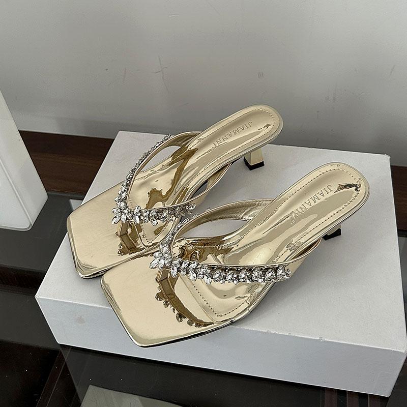 Mode Luxusmode Strasssteine Damen Niedriger Absatz Hausschuhe Quadratische Zehenpartie Damen Absatz-Hausschuhe Sandalen Schuhe Damen Pantoletten Zehentrenner