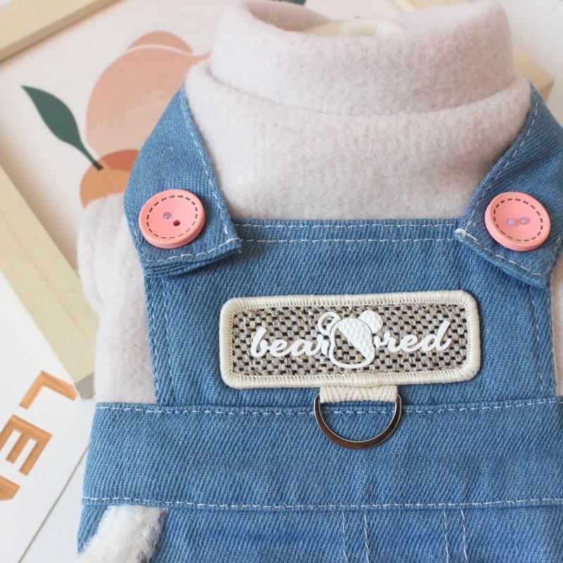 Dog Denim Jumpsuit Set Thick Fleece-Lined Warm Outfit Small Breeds Like Bichon Teddy