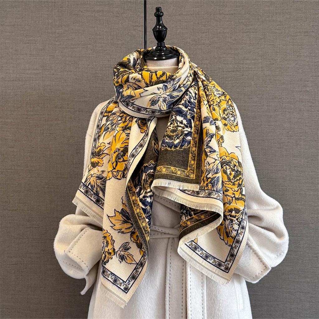 Autumn and Winter Retro Style New Full Print Peony Jacquard Scarf Women's Versatile Warm Scarf Multi-functional Shawl