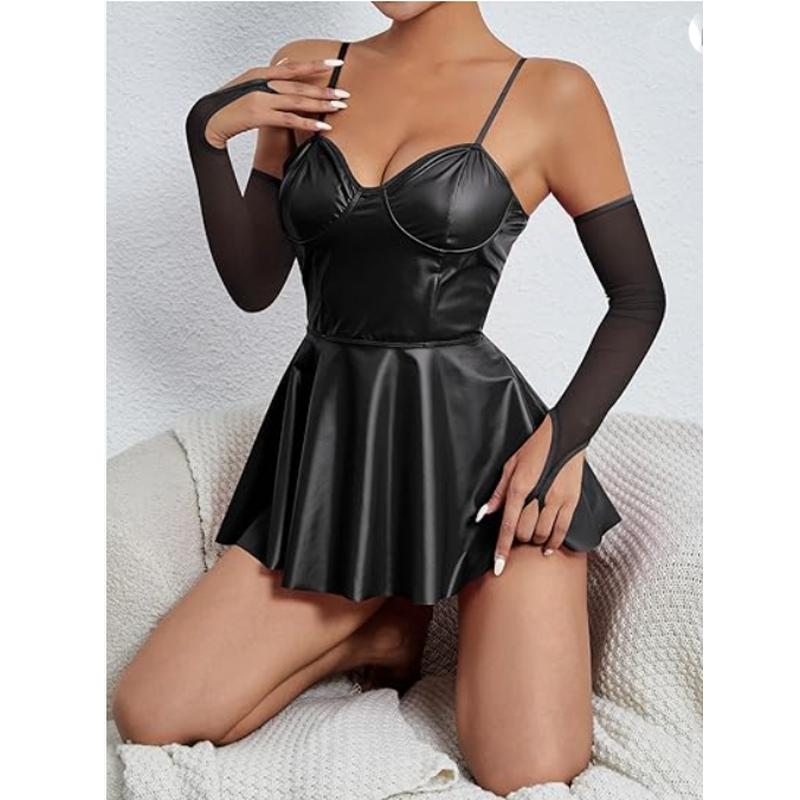 Plus Size Women Sexy Lingerie Wetlook Leather Dress Straps Shiny Latex Erotic Dress Push Up Bra Bag Hip Skirt Babydolls Clubwear