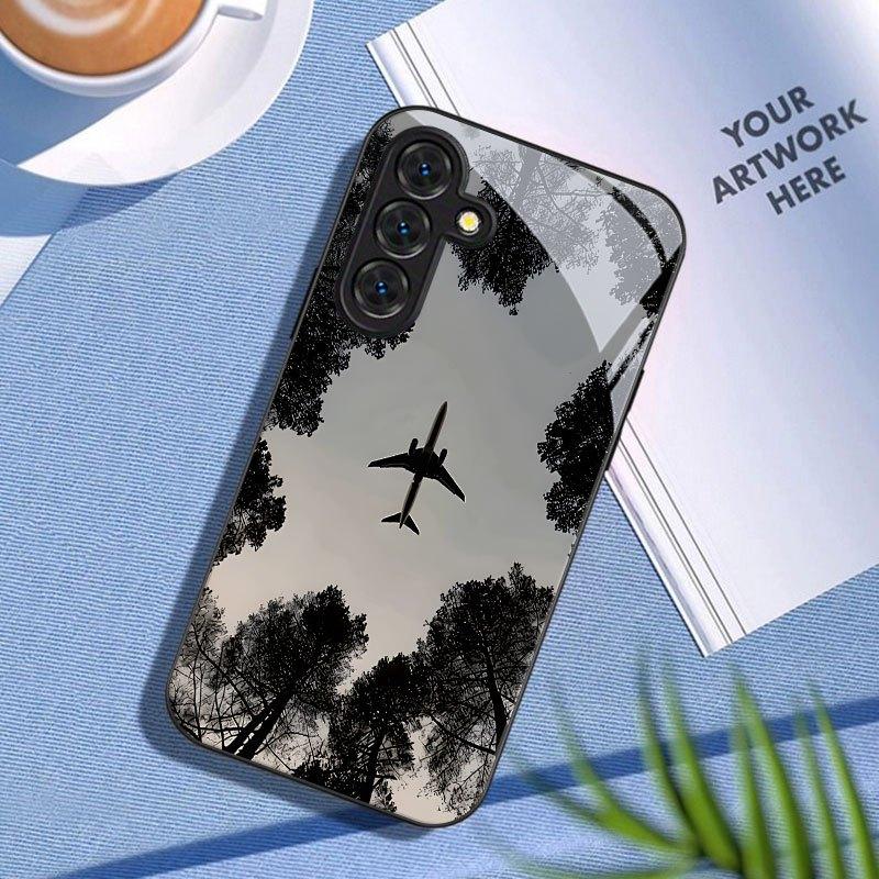 Airplane Forest Silhouette Printed Glass Phone Case Suitable for Samsung Galaxy S26 S25 S24 S22 S21 S20 FE Ultra Plus Anti Drop