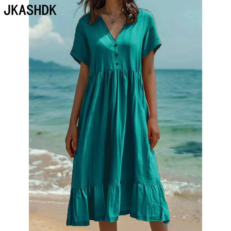 JKASHDK Damemote Sommer Våren Ensfarget Print Kortermet V-hals Løs midje uformelle kjoler
