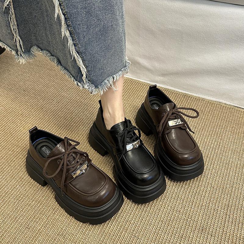 Thick-soled black small leather shoes women's 2025 spring new heightening lace-up British style retro versatile loafers single shoes