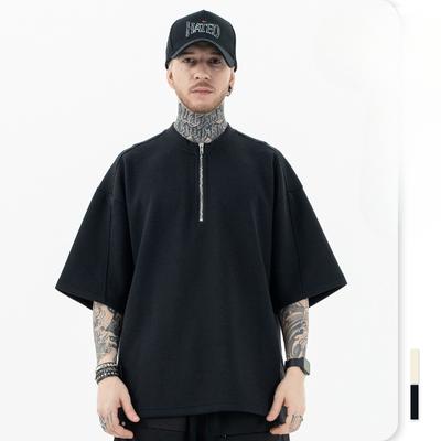 European and American Style Men's Spring Summer Streetwear Solid Half-zip Top Loose Casual Short Sleeve T-shirt