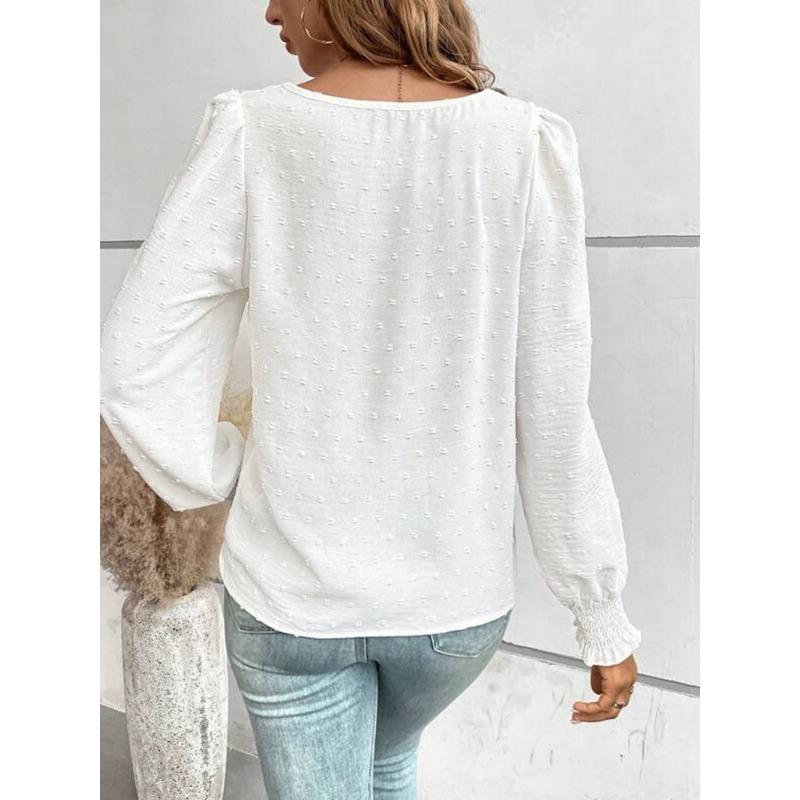 Elegante Dames Ronde Hals Kant Blouse Nieuw Lange Mouw Kantoor Casual Shirt Effen Kleur Tops Lange Mouw Lente Herfst Eenvoudige Zoete Kleding