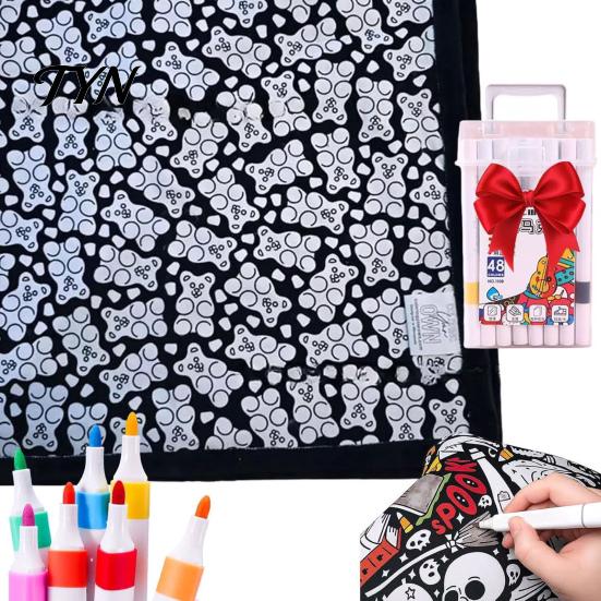 Gift for Creative Kids DIY Coloring Blanket with 24 Markers, Color Your Own Blanket, 59" X Soft Polyester Painting 45" Cozy Throw Sofa, Couch,