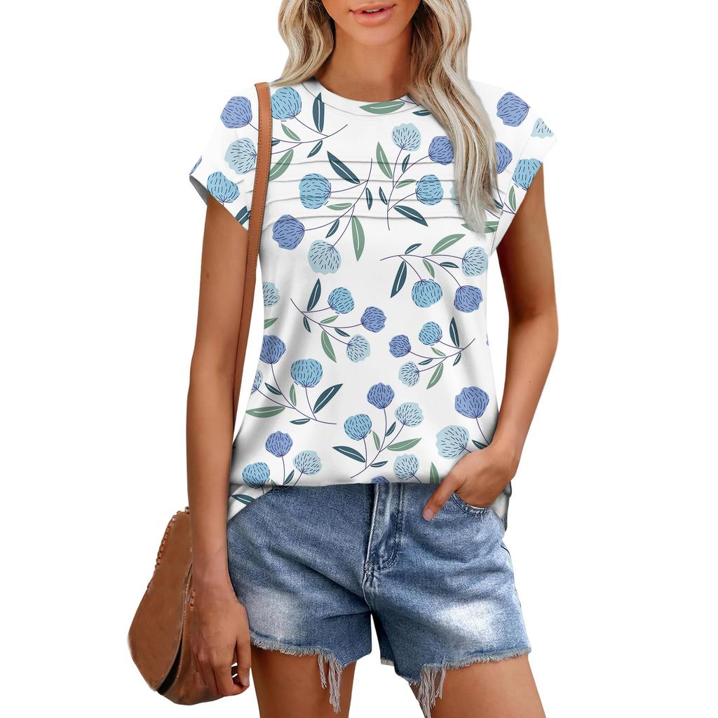 Damska Casualowa Koszulka z Krótkim Rękawem, Podstawowa Tekstura, Kwiatowy Wzór, Okrągły Dekolt, Top z Krótkim Rękawem