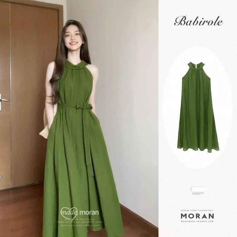 

Women s Summer French Style Elegant Halter Neck Maxi Dress Off Shoulder Tie Waist Sleeveless Solid Green Casual Vacation Party Long Dress S зелёный