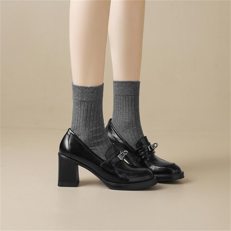 Treasure of the Town Store! Soft To Explode! Retro British JK Round Head Lock Thick Heel Loafers Deep High Heels Single Shoes