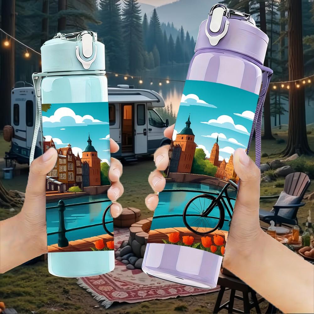 1PC City River Landscape Painting 750ml Color Plastic Sports Water Bottle Leakproof Flip Straw Lid Suitable for Sports Office Home Use