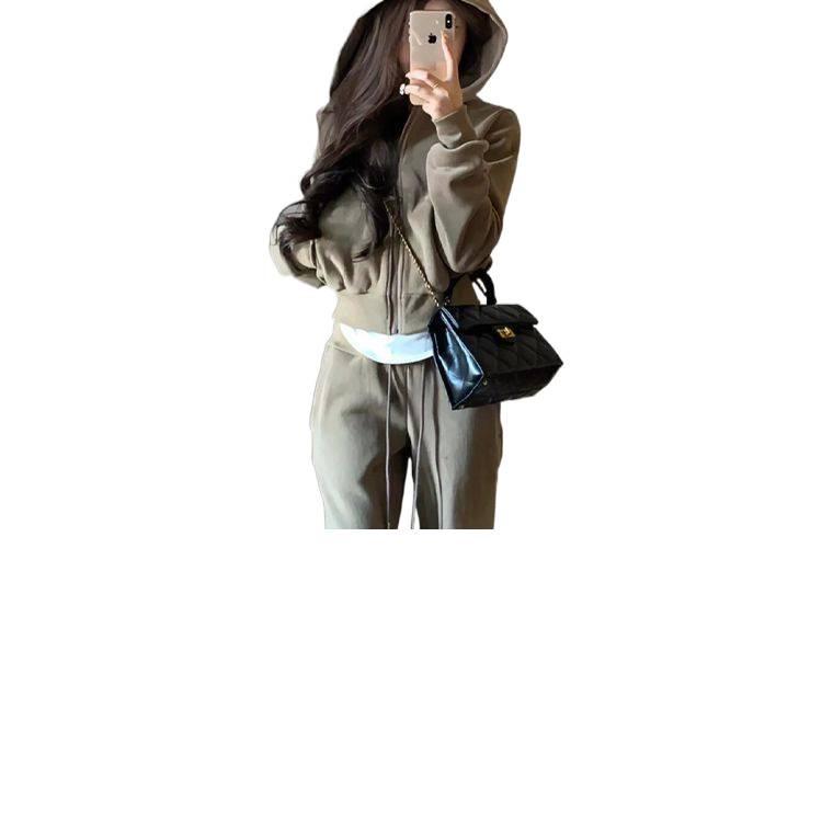 Women's Petite Hooded Sweatshirt and Wide-Leg Pants Two-Piece Set for Spring/Autumn