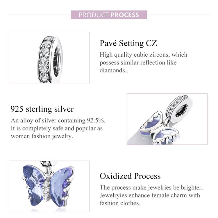 WOSTU Tři barevné korálky se zirkonovým motýlkem 925 se stříbrným přívěskem se hodí pro originální náramek náramek DIY jemné šperky