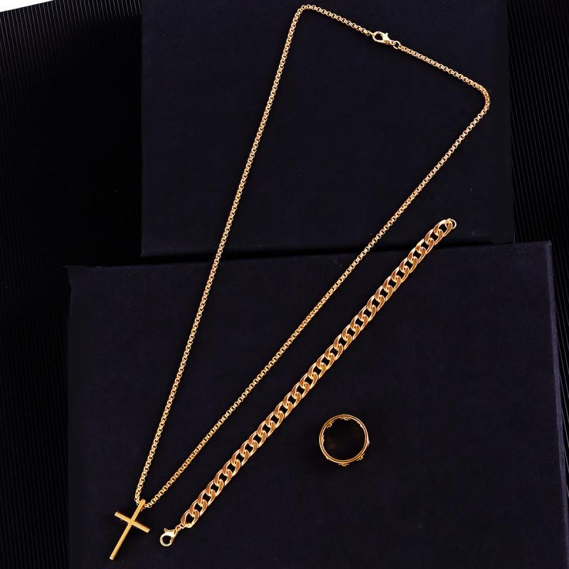 3pcs Set Men's Stainless Steel Metal Cross Pendant Chain Necklace Bracelet Ring Zircon Set Male Hip Hop Daily Wear Accessories