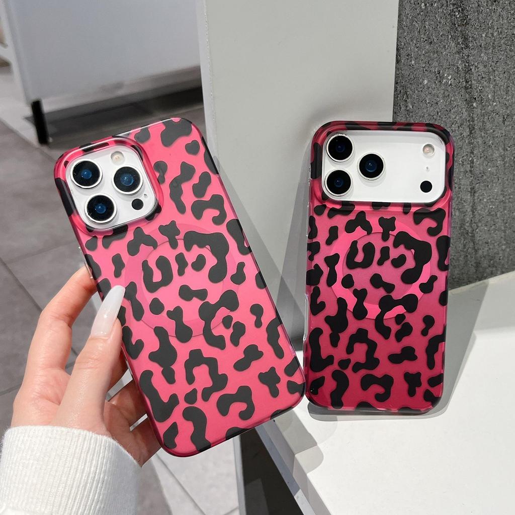 European Style Pink Leopard Magnetic Buckle Case for iPhone 17 Pro Max/16/14/15