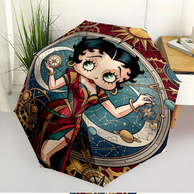 Betty Boop Print Automatic Open Close Umbrella, Portable Foldable Umbrella, for Outdoor Commute Camping Trip, Ideal Birthday Gift